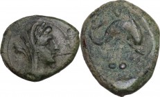 Greek Italy. Eastern Italy, Larinum. AE Biunx, c. 210-175 BC. Obv. Veiled and wreathed female head right. Rev. Dolphin right; above, V; below, LADINOD...