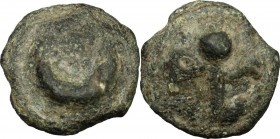Greek Italy. Northern Apulia, Luceria. AE Semuncia, 225-217 BC. Obv. Crescent. Rev. Thyrsos. HN Italy 675. AE. 9.43 g. 19.00 mm. Green patina. VF.