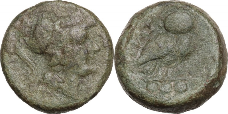 Greek Italy. Northern Apulia, Teate. AE Teruncius, 225-220 BC. Obv. Helmeted hea...
