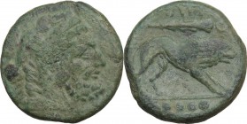 Greek Italy. Northern Apulia, Teate. AE Triens, circa 225-200 BC. Obv. Bearded head of Herakles right, wearing lion's skin headdress. Rev. TIATI. Lion...