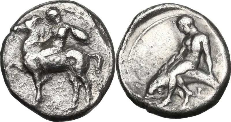 Greek Italy. Southern Apulia, Tarentum. AR Nomos, circa 380-340 BC. Obv. Nude yo...