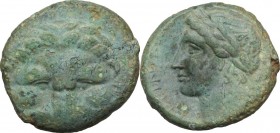 Greek Italy. Bruttium, Rhegion. AE 21 mm, 351-280 BC. Obv. Lion mask facing. Rev. Head of Apollo left, laureate. HN Italy 2534b. AE. 7.63 g. 21.00 mm....