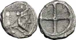 Sicily. Gela. AR Obol, before 405 BC. Obv. Forepart of man-headed bull right. Rev. Wheel with four spokes. SNG Cop. 259; HGC 2 372. AR. 0.59 g. 9.00 m...