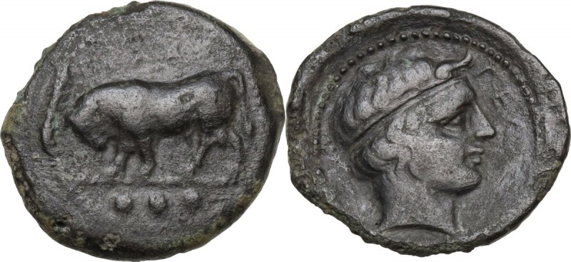 Sicily. Gela. AE Tetras, 420-405 BC. Obv. Bull left; in exergue, three pellets. ...