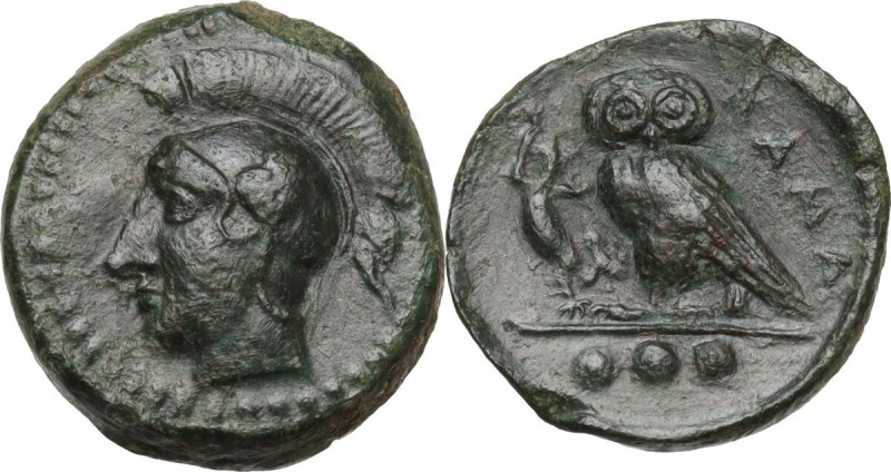 Sicily. Kamarina. AE Tetras, 425-405 BC. Obv. Head of Athena left, helmeted. Rev...