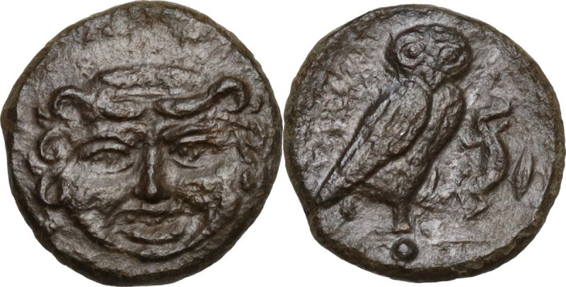 Sicily. Kamarina. AE Onkia, 425-405 BC. Obv. Gorgoneion facing. Rev. Owl standin...