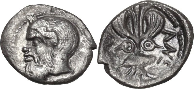 Sicily. Katane. AR Litra, c. 460 BC. Obv. Head of satyr left. Rev. Winged thunde...