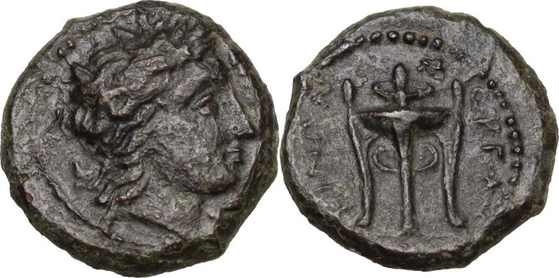 Sicily. Morgantina. AE 16 mm, c. 340 BC. Obv. Head of Apollo right, laureate. Re...