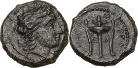 Sicily. Morgantina. AE 16 mm, c. 340 BC. Obv. Head of Apollo right, laureate. Rev. Tripod. CNS III 7; HGC 2 906; SNG ANS 470; SNG Lloyd 1130. AE. 3.44...