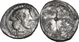 Sicily. Syracuse. Deynomenid Tyranny (485-466 BC). AR Hemilitra, 475-470 BC. Obv. Head of Arethusa right. Rev. Wheel with four spokes; Σ-Y-R-A between...