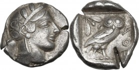 Continental Greece. Attica, Athens. AR Tetradrachm, c. 454-404 BC. Obv. Helmeted head of Athena right, with frontal eye. Rev. AΘE. Owl standing right,...