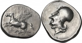 Continental Greece. Corinthia, Corinth. AR Stater, 345-307 BC. Obv. Pegasus flying left; below, koppa. Rev. Head of Athena left, wearing Corinthian he...