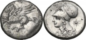 Continental Greece. Corinthia, Corinth. AR Stater, 375-300 BC. Obv. Pegasus flying left; below, koppa. Rev. Head of Athena left, wearing Corinthian he...