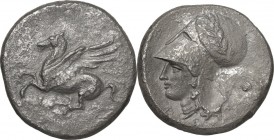 Continental Greece. Corinthia, Corinth. AR Stater, 375-300 BC. Obv. Pegasus flying left; below, koppa. Rev. Head of Athena left, wearing Corinthian he...