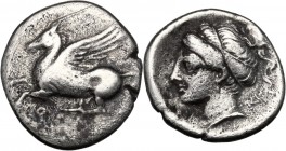 Continental Greece. Corinthia, Corinth. AR Drachm, c. 350-300 BC. Obv. Pegasos flying left; below, koppa. Rev. Head of Aphrodite left, hair in sakkos;...