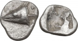 Greek Asia. Mysia, Kyzikos. AR Hemiobol, circa 520-480 BC. Obv. Head of tunny fish left. Rev. Quadripartite incuse square. SNG von Aulock 7323; SNG BN...