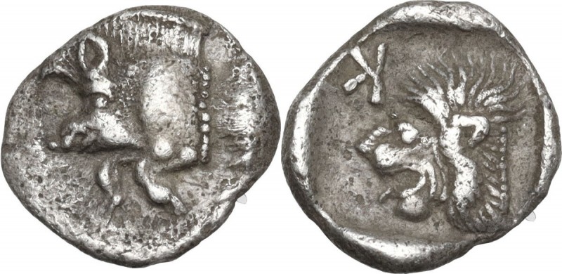 Greek Asia. Mysia, Kyzikos. AR Obol, circa 450-400 BC. Obv. Forepart of boar lef...