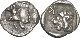 Greek Asia. Mysia, Kyzikos. AR Obol, circa 450-400 BC. Obv. Forepart of boar left; to right, tunny upward. Rev. Head of roaring lion left; retrograde ...