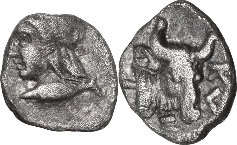 Greek Asia. Mysia, Kyzikos. AR Hemiobol, circa 450-400 BC. Obv. Head of Attis le...