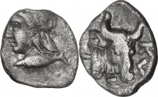 Greek Asia. Mysia, Kyzikos. AR Hemiobol, circa 450-400 BC. Obv. Head of Attis left, wearing Phrygian cap; below, tunny left. Rev. Head and neck of bul...