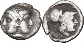 Greek Asia. Mysia, Lampsakos. AR Trihemiobol, 4th-3rd century BC. Obv. Female janiform head. Rev. Head of Athena right, wearing Corinthian helmet. SNG...