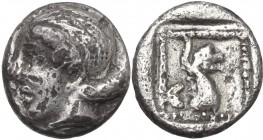 Greek Asia. Troas, Assos. AR Obol, 4th-3rd centuries BC. Obv. Head of Athena left. Rev. Head of griffin right in dotted square border within incuse sq...