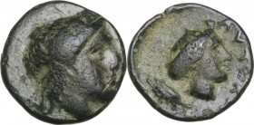 Greek Asia. Aeolis, Autokane. AE 9 mm. Circa 400-300 BC. Obv. Laureate head of Apollo right. Rev. Head of Nymph right; barley corn behind. SNG Cop. 26...