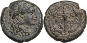 Greek Asia. Aeolis, Elaia. AE 15 mm. Circa 2nd-1st century BC. Obv. Head of Demeter right, wearing wreath of grain. Rev. Torch within wreath of corn-e...