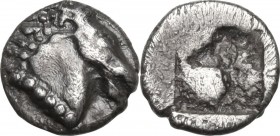Greek Asia. Aeolis, Kyme. AR Tetartemorion, end of 6th century BC. Obv. Head of horse right. Rev. Incuse square with irregular pattern. Klein 332. AR....
