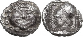 Greek Asia. Lesbos, Methymna. AR Diobol, c. 500/480-460 BC. Obv. Facing gorgoneion. Rev. Helmeted head of Athena left in dotted square within incuse s...
