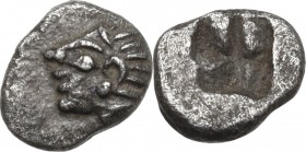 Greek Asia. Ionia, Kolophon. AR Tetartemorion, 525-490 BC. Obv. Head of Apollo left. Rev. Incuse square. SNG von Aulock 1810. AR. 0.16 g. 5.00 mm. Ton...