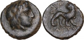 Greek Asia. Ionia, Miletos. AE 11.5 mm. Battos magistrate, c. 350-325 BC. Obv. Laureate head of Apollo right. Rev. Lion standing right, head left; sta...