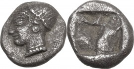 Greek Asia. Ionia, Phokaia. AR Diobol, c. 510-494 BC. Obv. Head of Athena (?) left, helmeted. Rev. Incuse square with four fields. SNG Cop. 389-94 (Un...