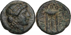 Greek Asia. Ionia, Smyrna. AE 14 mm. Circa 125-115 BC. Herophon, magistrate. Obv. Laureate head of Apollo right. Rev. Tripod. SNG Cop. 1123. AE. 2.14 ...