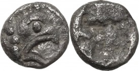 Greek Asia. Ionia, Teos. AR Tetartemorion, 540-478 BC. Obv. Head of griffin right. Rev. Incuse square. Matzke Group Bx3. Balzer 79. AR. 0.22 g. 5.00 m...