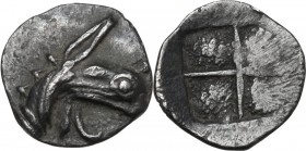 Greek Asia. Ionia, Teos. AR Tetartemorion, 520-478 BC. Obv. Head of griffin right. Rev. Incuse square with four fields. Rosen 603. AR. 0.21 g. 7.00 mm...