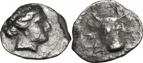 Greek Asia. Caria, Knidos. AR Diobol, c. 300-225 BC. Obv. Head of Aphrodite right. Rev. Three-quarter facing head of bull, turned slightly right. SNG ...
