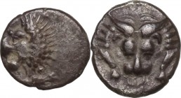 Greek Asia. Caria, Mylasa. AR Hemiobol, 420-390 BC. Obv. Head of lion left. Rev. Lion's scalp facing. SNG Kayhan 835. AR. 0.46 g. 8.00 mm. Toned. Good...