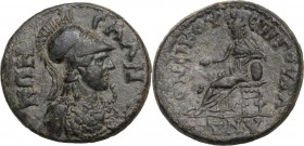 Greek Asia. Lydia, Sala. Pseudo-autonomous. Time of Hadrian-Antoninus Pius (128-161). AE 19 mm. Gaius Valerius Andronicus, magistrate. Obv. Helmeted h...