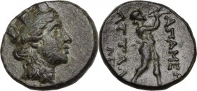 Greek Asia. Phrygia, Apameia. AE 17 mm. Circa 88-40 BC. Attalos, magistrate. Obv. Turreted bust of Tyche right. Rev. The satyr Marsyas right, blowing ...