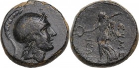 Greek Asia. Phrygia, Eumeneia. AE 20 mm. Before 133 BC. Obv. Head of Athena right, wearing crested Corinthian helmet. Rev. Nike advancing left, holdin...