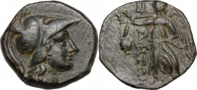 Greek Asia. Pamphylia, Side. AE 16 mm, 190-36 BC. Obv. Head of Athena right, helmeted. Rev. Nike standing left, holding wreath and palm; to left, pome...