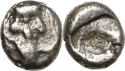 Greek Asia. Cilicia, uncertain mint. AR Tetartemorion, circa late 5th century BC. Obv. Crowned head of Persian king right. Rev. Rough incuse square. S...