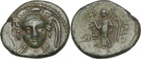 Greek Asia. Syria, Seleucid Kings. Antiochos I Soter (294-261 BC). AE 15 mm, Sardes mint. Obv. Head of Athena facing, helmeted. Rev. Nike standing lef...