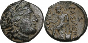 Greek Asia. Syria, Seleucid Kings. Antiochos II Theos (286-246 BC). AE 16 mm. Antioch mint. Obv. Laureate head of Apollo right. Rev. Apollo Delphios s...