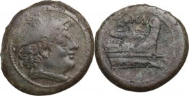 Semilibral series. AE Semuncia, 217-215 BC. Obv. Head of Mercury right, wearing winged petasus. Rev. ROMA. Prow right. Cr. 38/7. AE. 4.89 g. 21.20 mm....