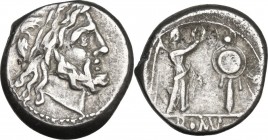 Anonymous. Victoriatus, from 211 BC. Obv. Laureate head of Jupiter right. Rev. Victory right, crowning trophy; in exergue, ROMA. Cr. 44/1. AR. 3.06 g....