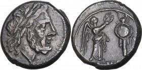 Anonymous. AR Victoriatus, Rome mint, from 211 BC. Obv. Laureate head of Jupiter right. Rev. Victory right, crowning trophy; in exergue, ROMA. Cr. 44/...