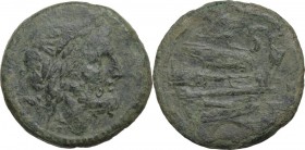 Anonymous. AE Semis, 211-208 BC. Luceria mint. Obv. Laureate head of Saturn right; [L] below. Rev. Prow of galley right; S (mark of value) above. Cr. ...