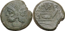 L. Furius Purpurio. AE As, 169-158 BC. Obv. Laureate head of Janus. Rev. Cr. 344/4. AE. 11.22 g. 27.00 mm. Dark green patina. VF. Rev. Prow right; abo...